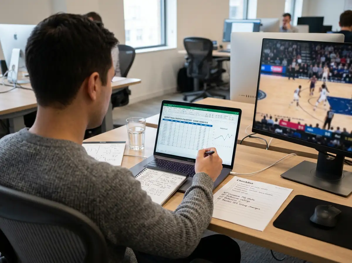 Sports analyst reviewing NBA player performance data and prop betting statistics on a laptop screen